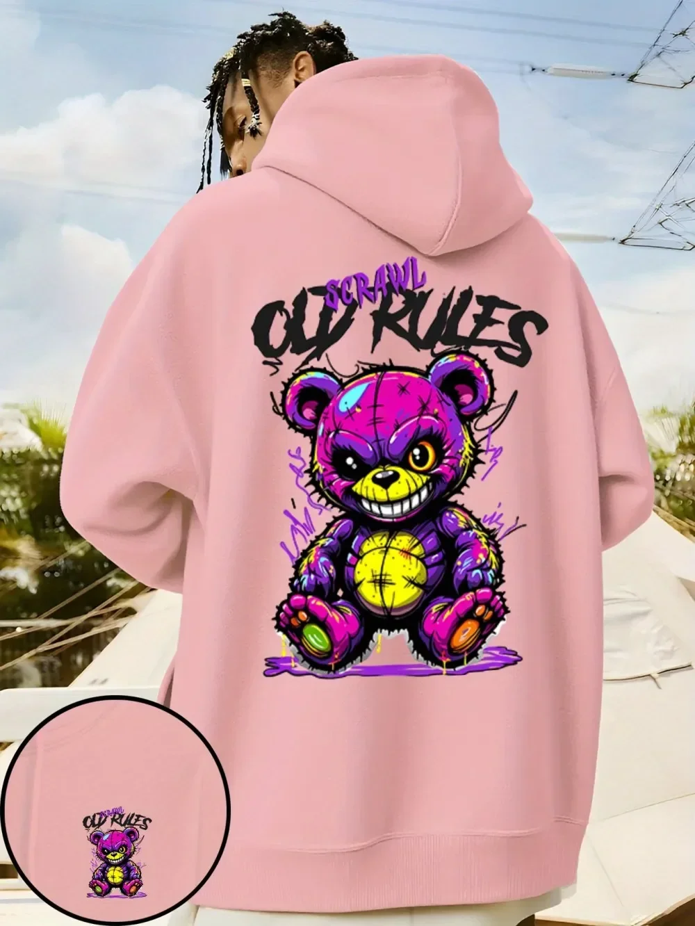 Evil Teddy Bear Hoodie, Unisex-Kapuzenpullover mit Kordelzug, Graffiti Old Rules Scrawl Bear Vorder- und Rückseiten-Print, Streetwear-Pullover – Detail 10