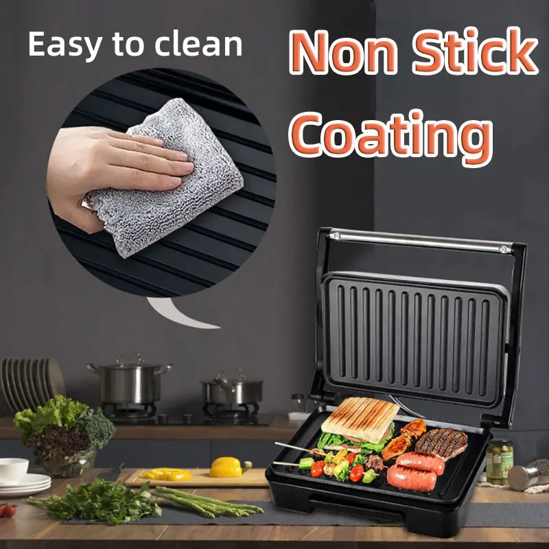 Household Multifunctional Panini Breakfast Machine,850W Electric Barbecue Machine,Double-Sided Heating