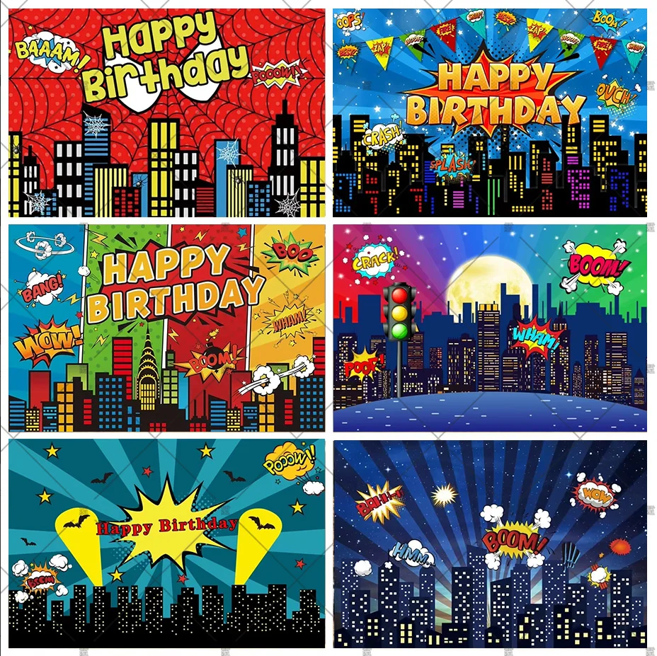 Super Hero Theme background Comics Boom City Building Children's Birthday Party  Baby Shower Cake Table Decoration Banner