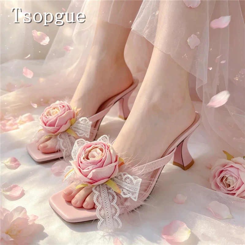 Sweet Pink Rose Lace Feather Decor Mule Square Open Toe Kitten Heel Slides Elegant Bridal Wedding Lolita Girls Dress Sandals - view 2