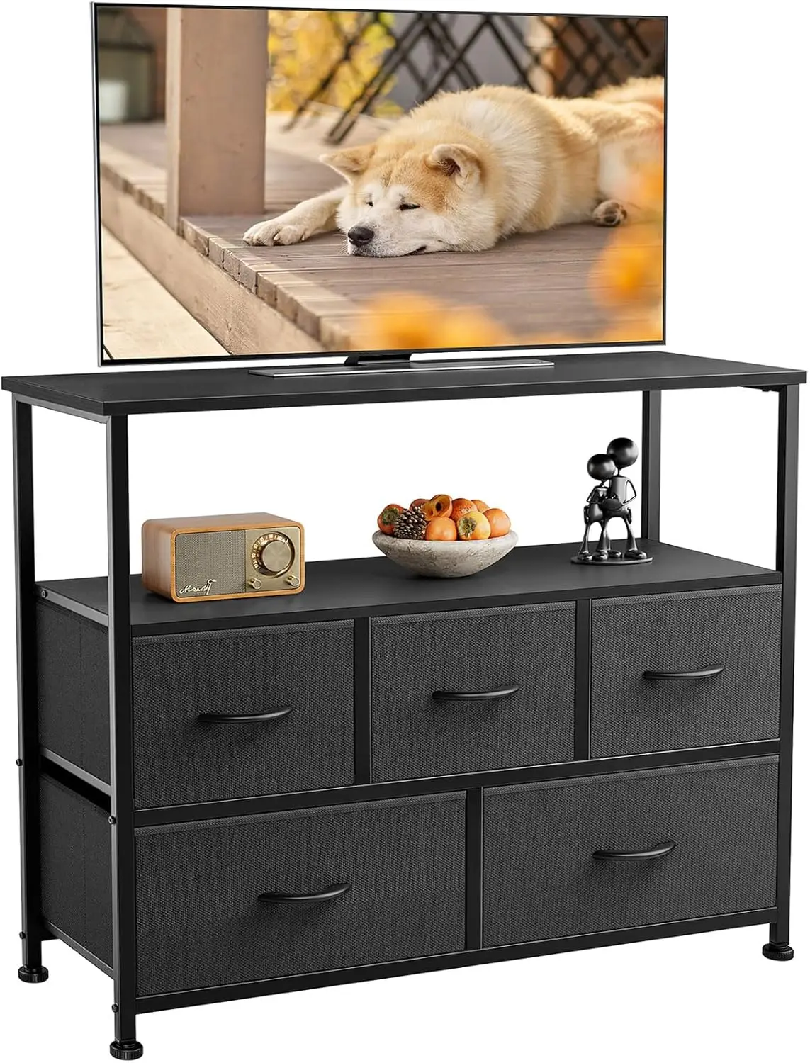 TV Stand Dresser for Bedroom with 5 Fabric Drawer,Entertainment Center for 45 inch Television, Media Console Table with Storage