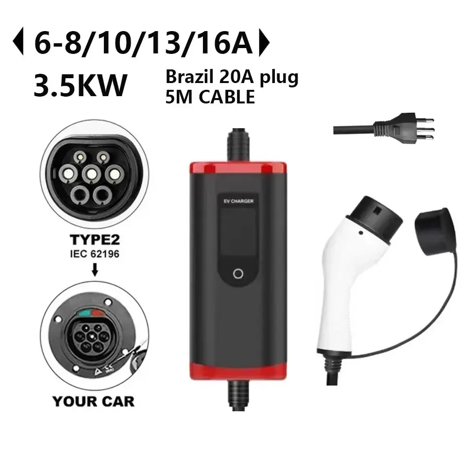 Evthsla ev carregador portátil type2 plug 16a 1 fase 3.5kw wallbox estação de carregamento 5m carregador de carro para veículo elétrico 110v/220v