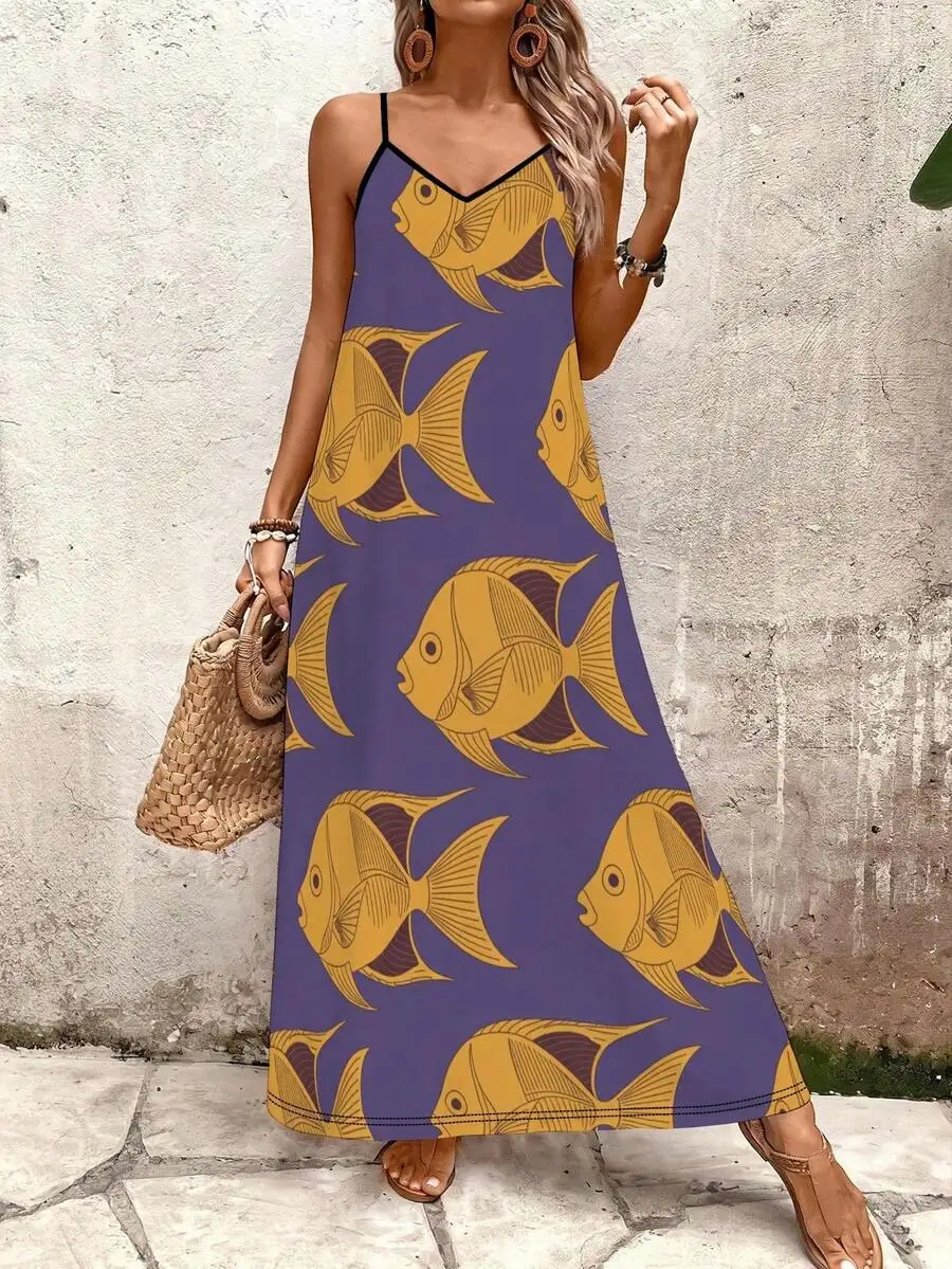 

Tropical Fish Print Women V-Neck Sleeveless Long Dress Polyester Lightweight Breathable