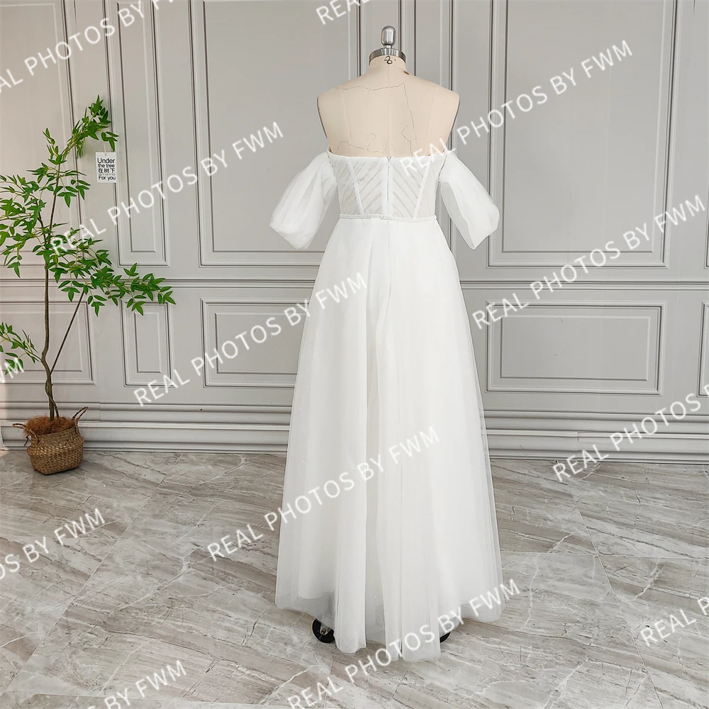 20206 #   Personalizado fora do ombro plissado tule a linha vestido de casamento para noiva 2024 elegante vestido de noiva feminino com fenda alta