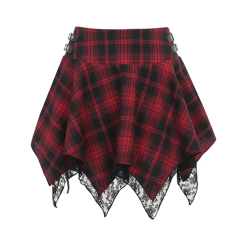 

Elegant Red Plaid Print Mini Party Skirt Harajuku Rock Punk Women Gothic Irregular Skirts Lace Mini Summer Fashion Short Skirts
