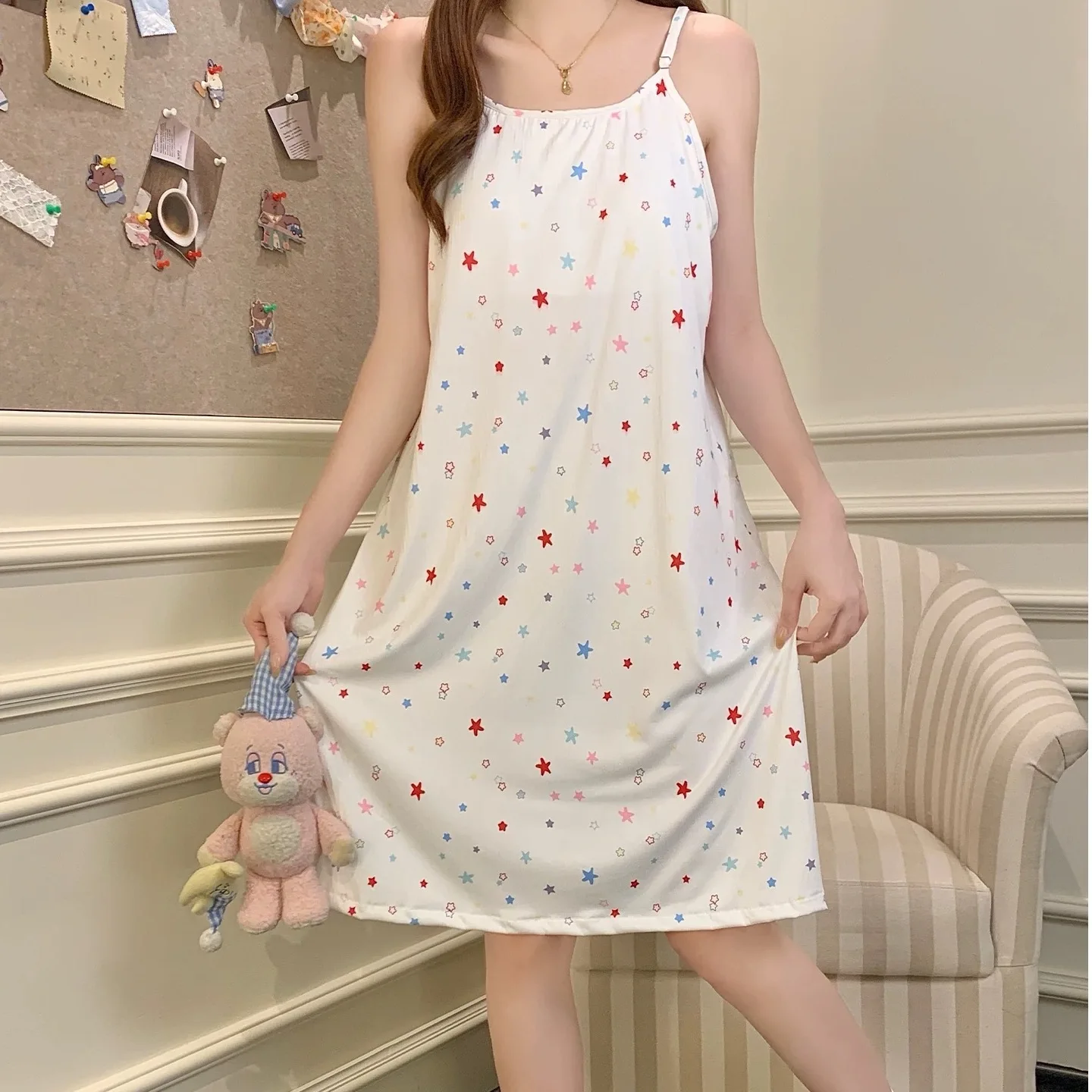 Cloud Cotton Nightgown Women's Star Print Adjustable Suspender Strap Fixed Chest Pad Women's Home Wear