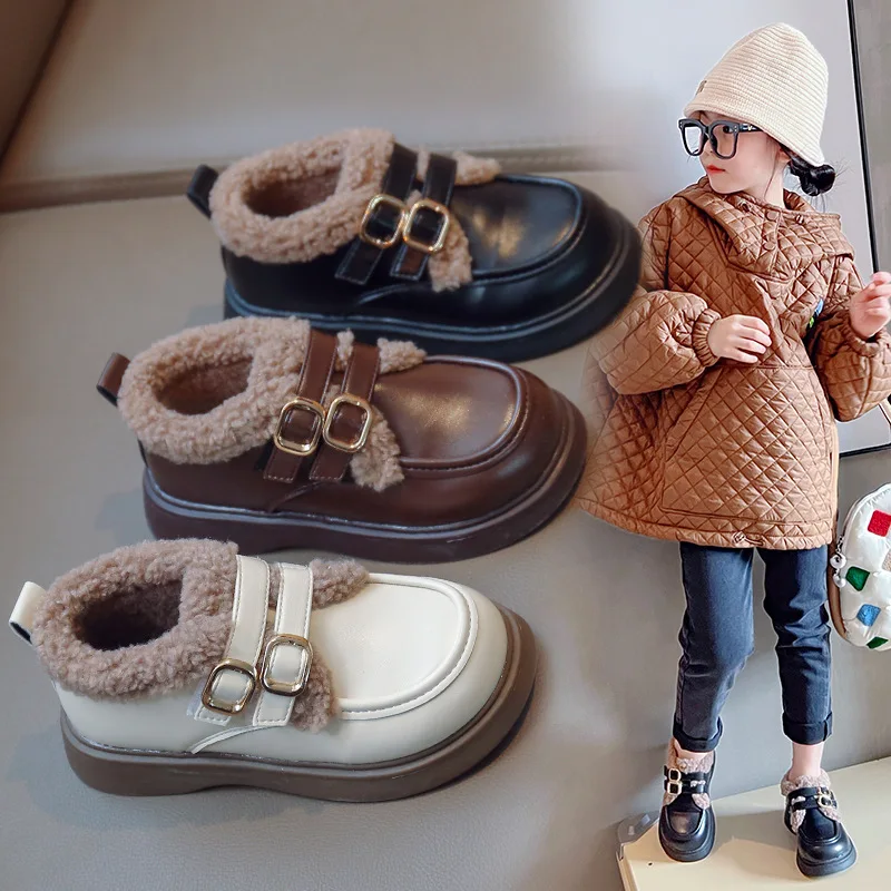 Winter Girls School Shoes Child Retro Black Beige Brown Princess Fur Shoes Kids All-match PU Leather Little Girl Footwear