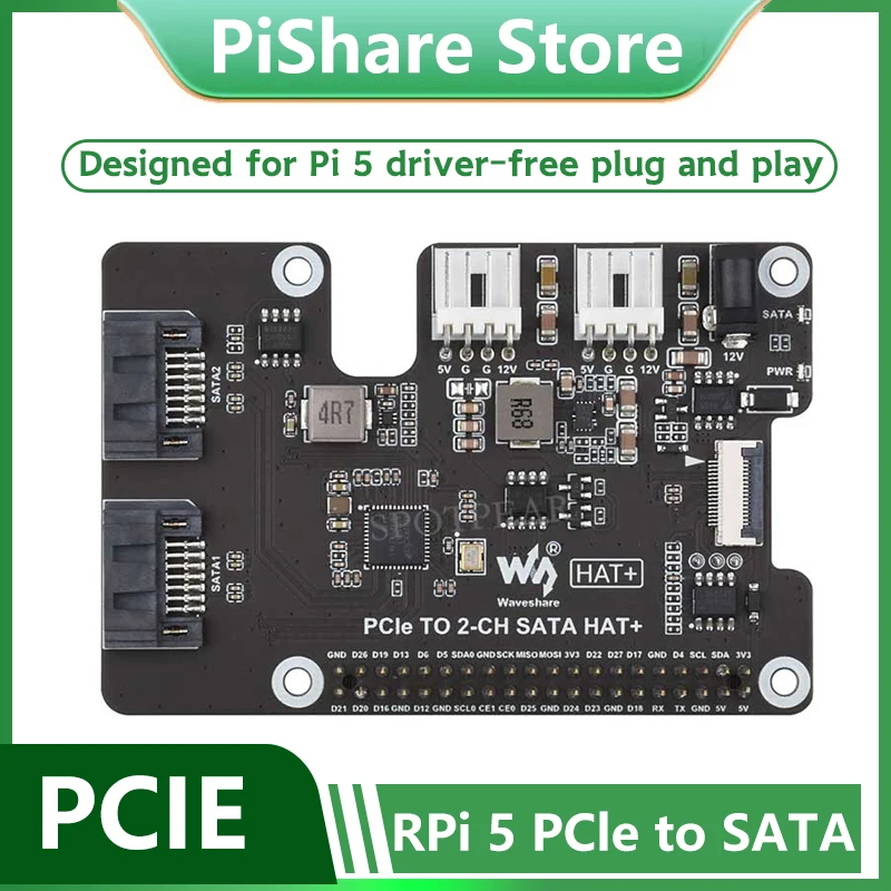 Raspberry Pi 5 PCIe to SATA Expansion Board with EEPROM HAT+