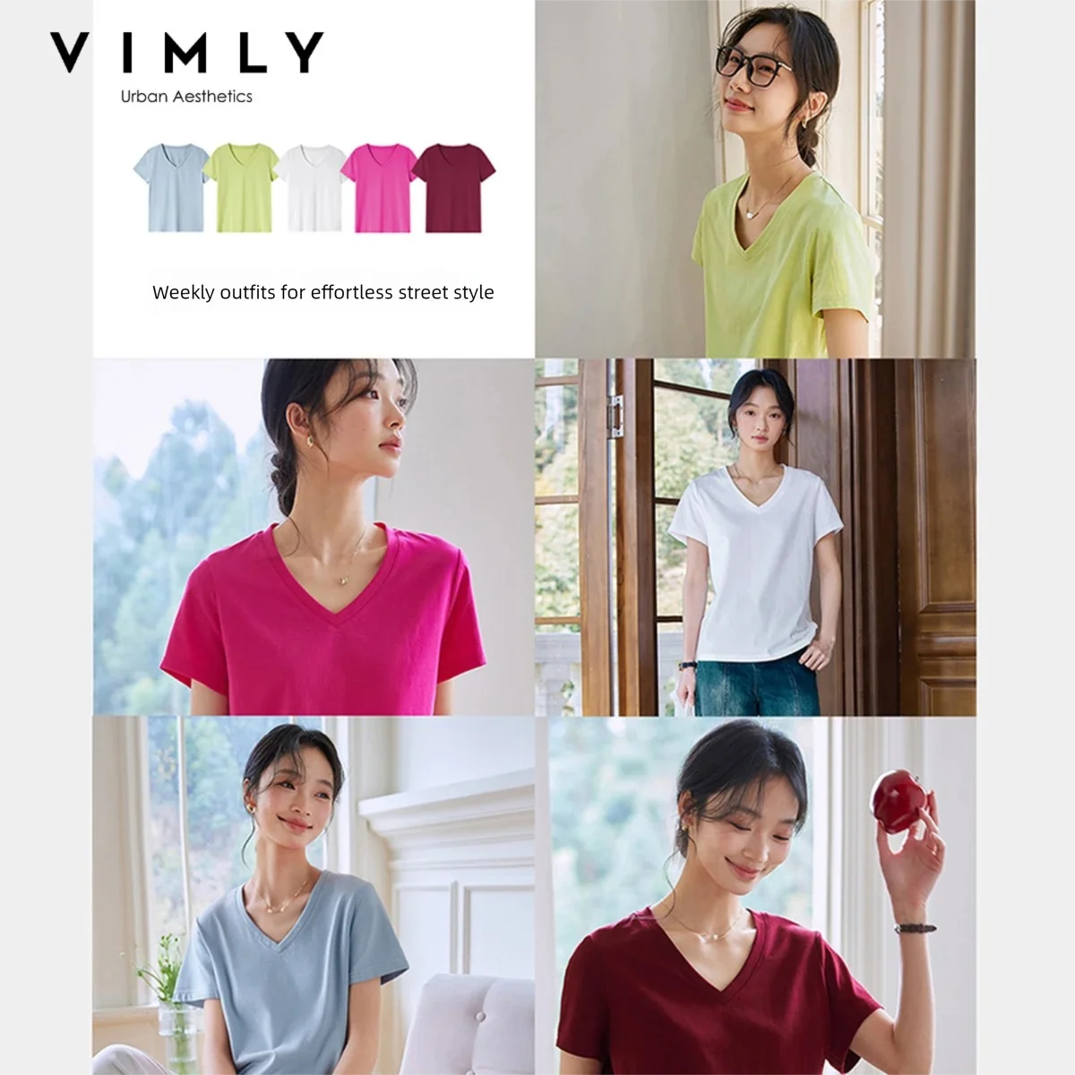 VIMLY Women's Casual V-neck Loose T-Shirt 2026 Summer Short Sleeve Cotton Blend Simple Commute Pullover Versatile Tees Top A0811
