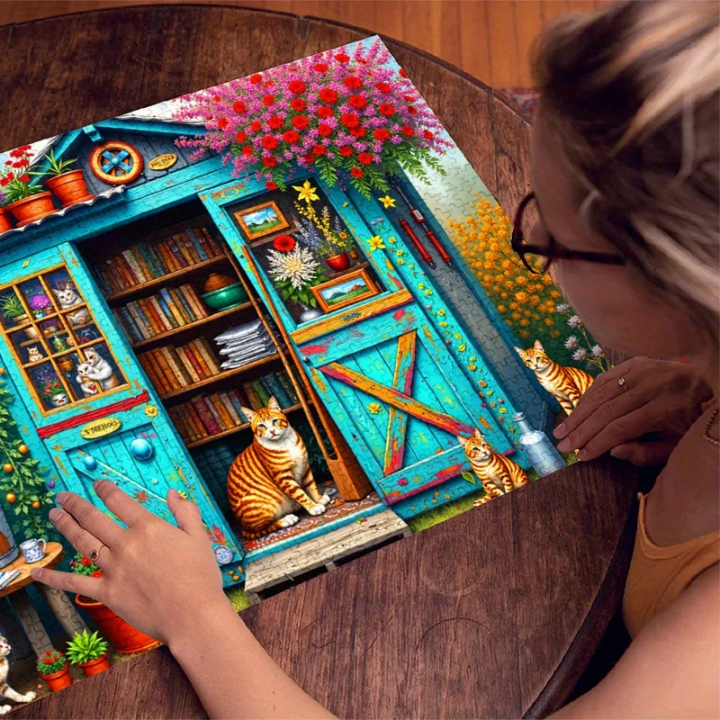 لغز 500/1000 قطعة - منزل خشبي ساحر مع قطة وزهور وكتب، ألوان نابضة بالحياة، تصميم رائع، مثالي لديكور المنزل