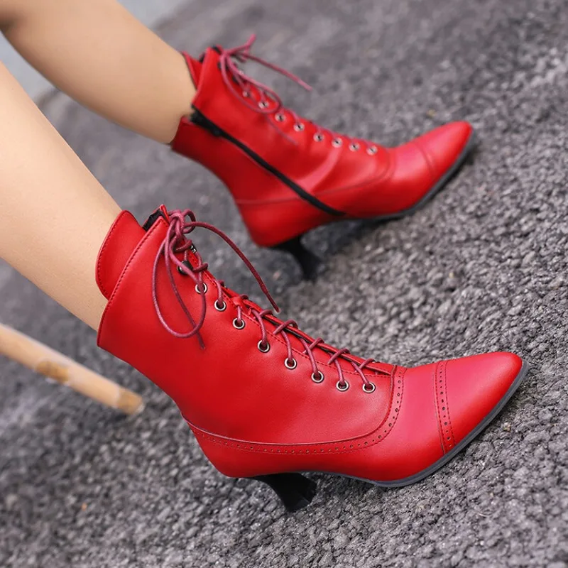 2023 Spring New Women Victorian Pointed Toe Ankle Boots Winter Lace Stitching Punk Lace Up Strange High Heel Shoes Size 43 45 48