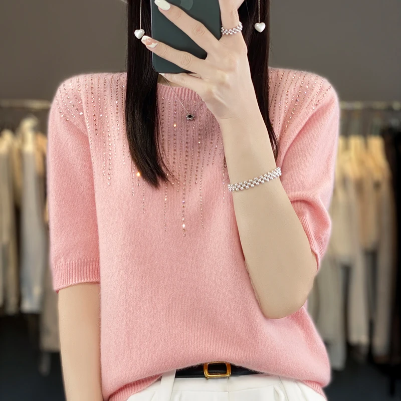 Pure wool five-point sleeve knit top round neck short loose diamond-encrusted wild short sleeve T-shirt sweater