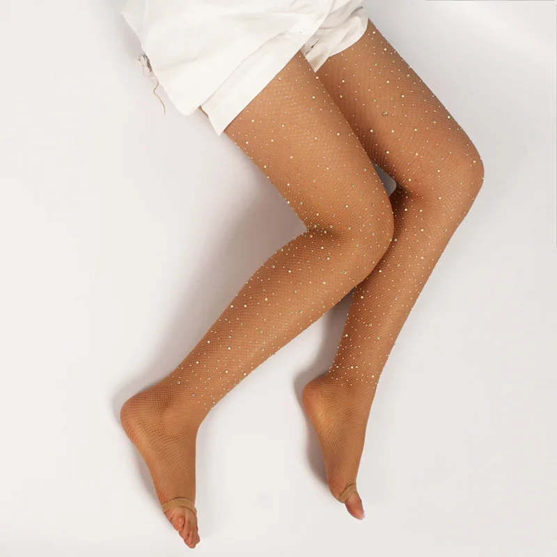 USHINE Sale Rhinestone Open Toe Diamond Fishing Mesh Caramel-colored Pantnet Dance Wear Latin Stockings
