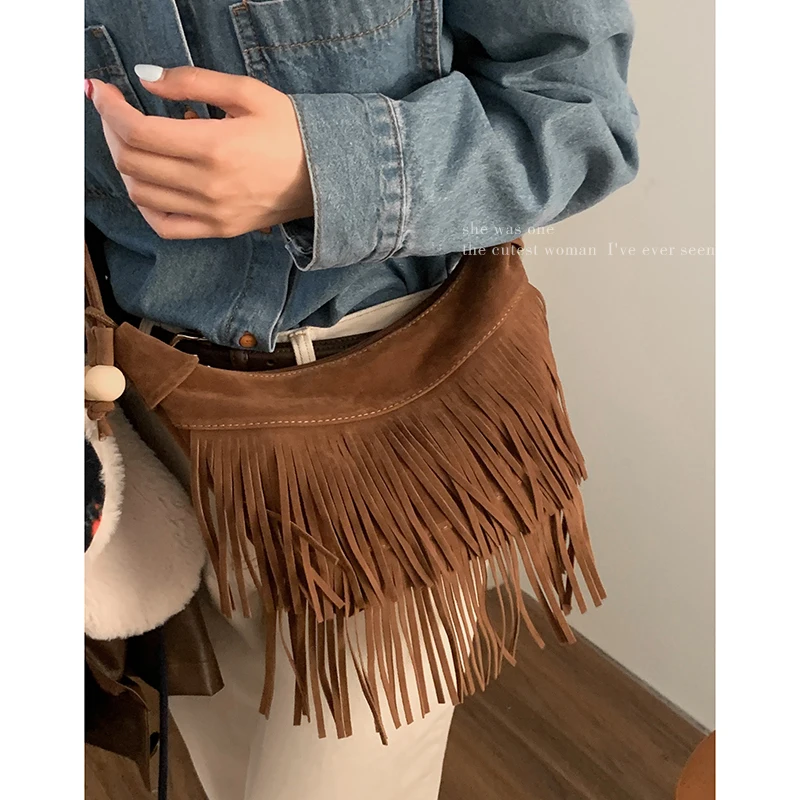

Retro Suede Tassel One Shoulder Underarm Bags for Women 2025 New Versatile Large Capacity Crossbody Bag