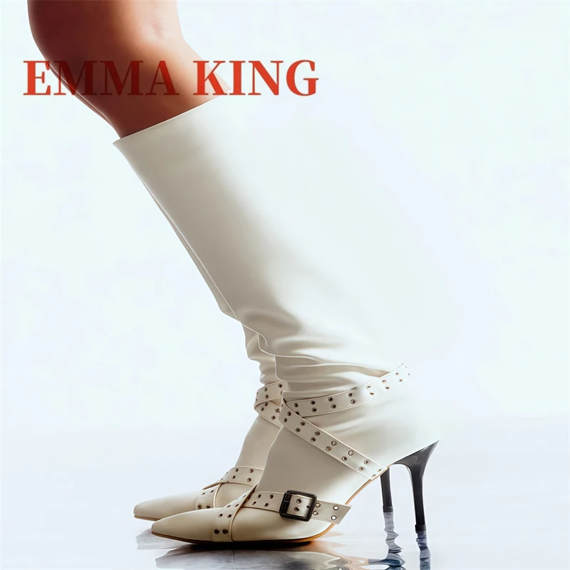 

White Faux Leather Knee-High Boots Pointed Toe Heeled Boots With Side Zip Fashion Studded Buckle Strappy Wide Calf Long Shoes