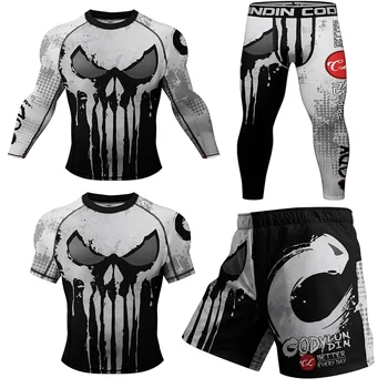 Jiu jitsu Rashguard mężczyźni MMA koszulka bokserska + zestawy spodni kompresja Rash Guard odzież sportowa Bjj koszulki Kickboxing spodenki Muay Thai