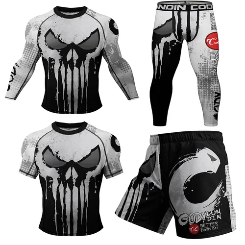 Imagen 1 del producto Jiu jitsu Rashguard hombres MMA boxeo camiseta + pantalón conjuntos compresión Rash Guard ropa deportiva Bjj Kickboxing Jerseys Muay Thai pantalones cortos