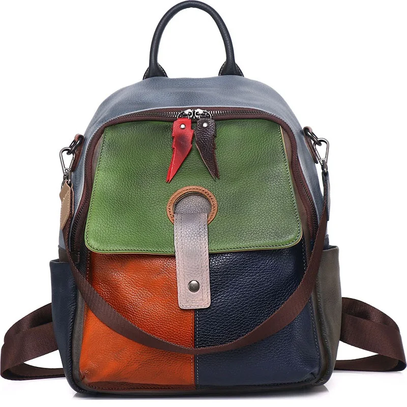 Patchwork Genuine Leather Backpack Woman Unique Real Cow Leather Shoulder Bags Ladies Fashion Cowhide Travel Tote Bag