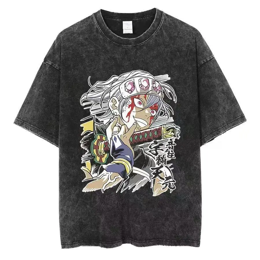 Washed to make old American Ghost Blade anime ukiyo-e summer retro t-shirt street trendy round neck short sleeved t-shirt