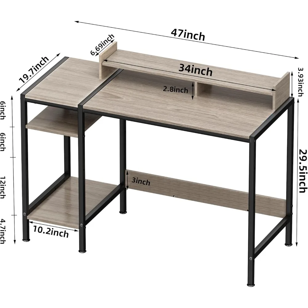 Gaming computer desk with storage space, writing desk for 2 monitors, adjustable storage space, office corner table