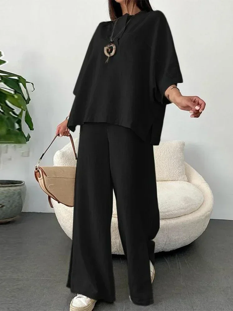 Black Elegant Two Piece Pant Set Women Casual Vintage Basic Outifits Asymmetrical Collar Batwing Long Sleeve Plus Size 3XL Pants