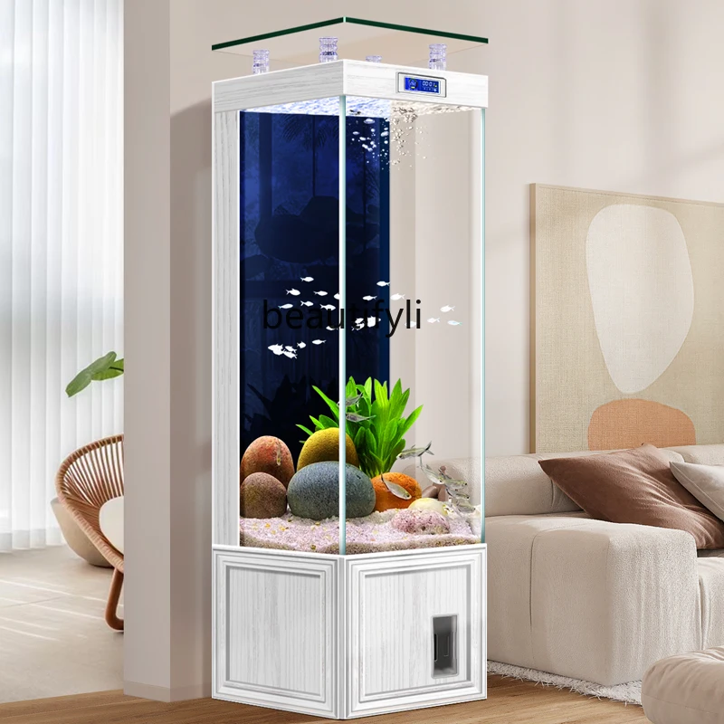 New Chinese Style Back Filter Fish Tank Living Room Vertical Floor Imitation Solid Wood Super White Glass Small Square Cylinder