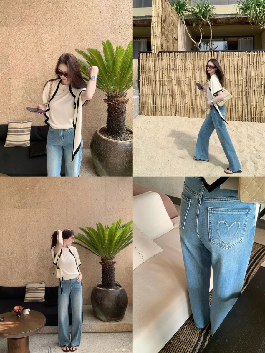 

High Waist Wide Leg Slim Fit Straight Jeans Women's Retro Waed Blue Four Way Stretch Denim Pants Spring 2026 Loose Long Tro...