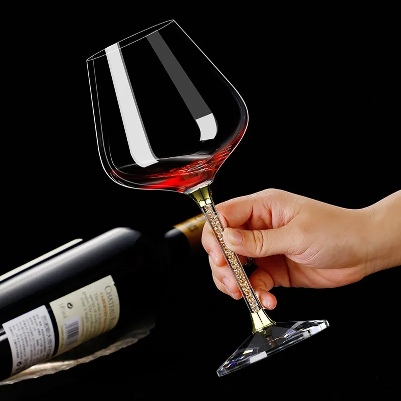 (Logo Can Be Engraved) 460ML Red Wine Glass With Diamonds, High-end Home Crystal Goblet, Champagne Cups With Gold Leaf