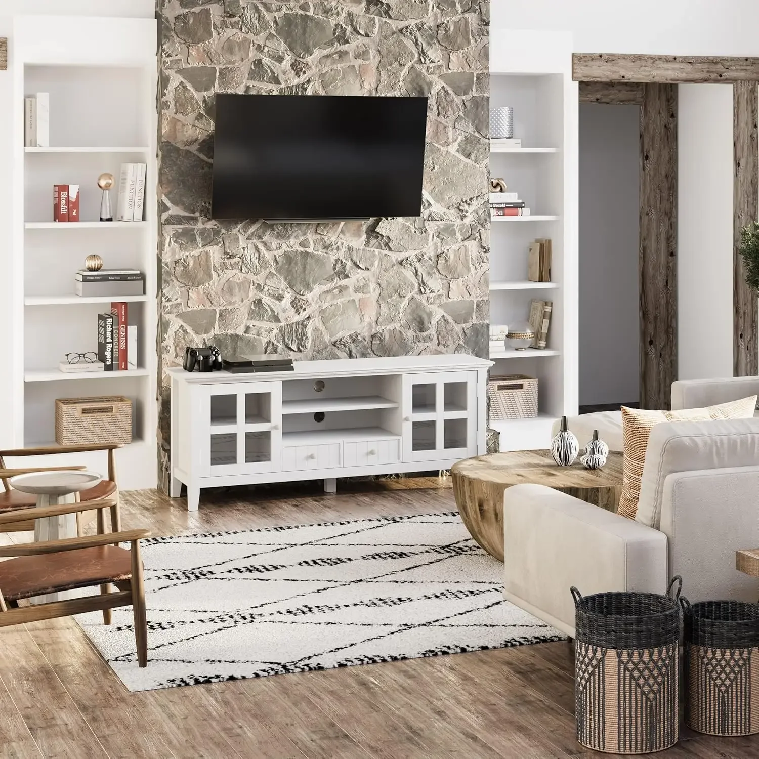 Acadian SOLID WOOD 60 Inch Wide Rustic TV Media Stand in White for TVs up to 65 Inches, For the Living Room and Entertainment Ce