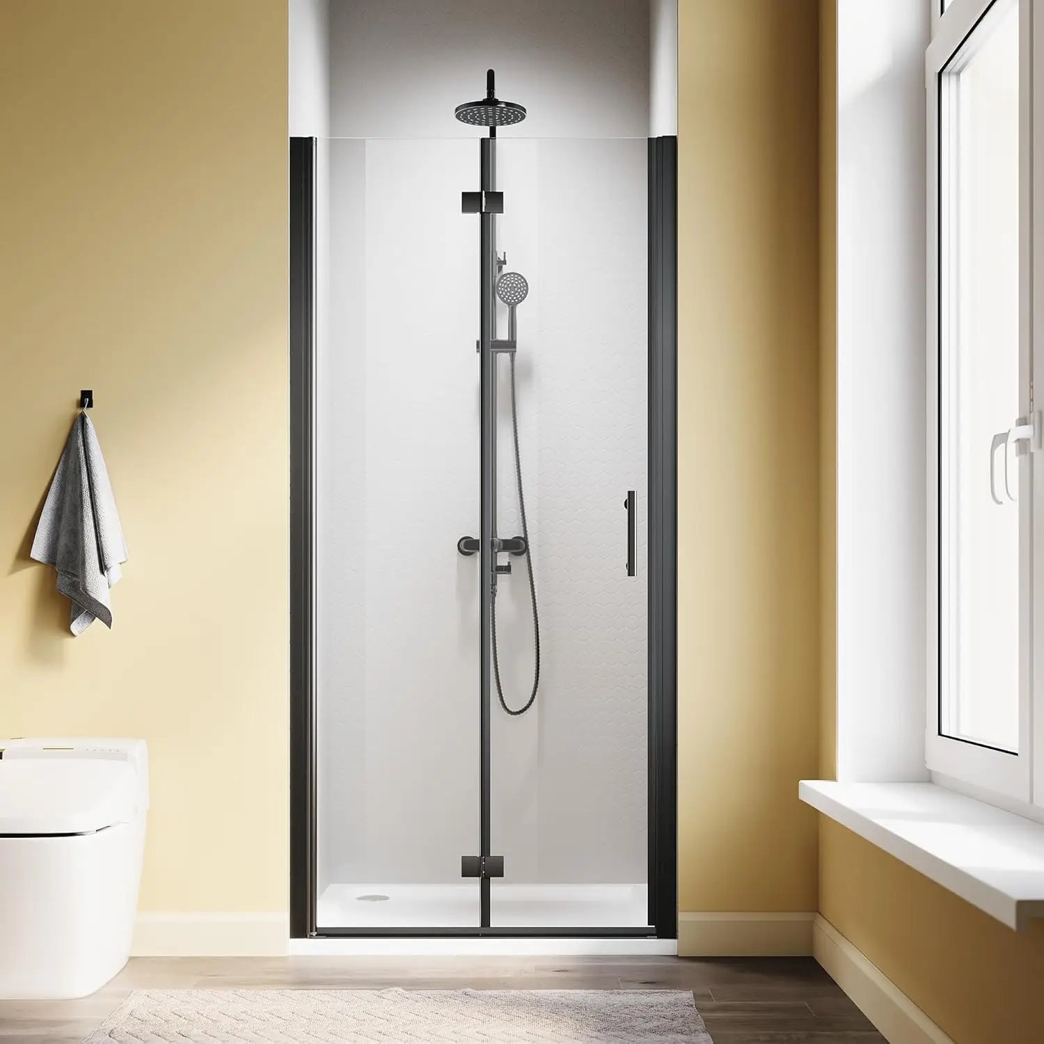 

Tempered Glass , Foldable , Easy To Clean, Black //Shower Door, 34" W X 72" H, 1/4"