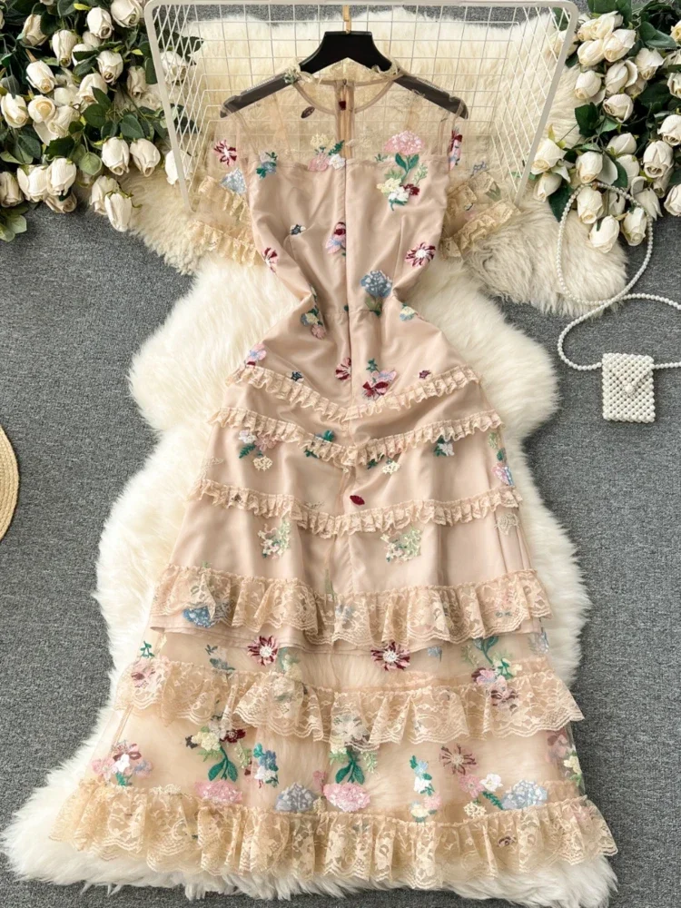 Women Lace French Elegant Dress Summer Floral Embroidered Mesh Party Dresses Ladies Vintage Slim Ruffles Midi Robe Vestdiso