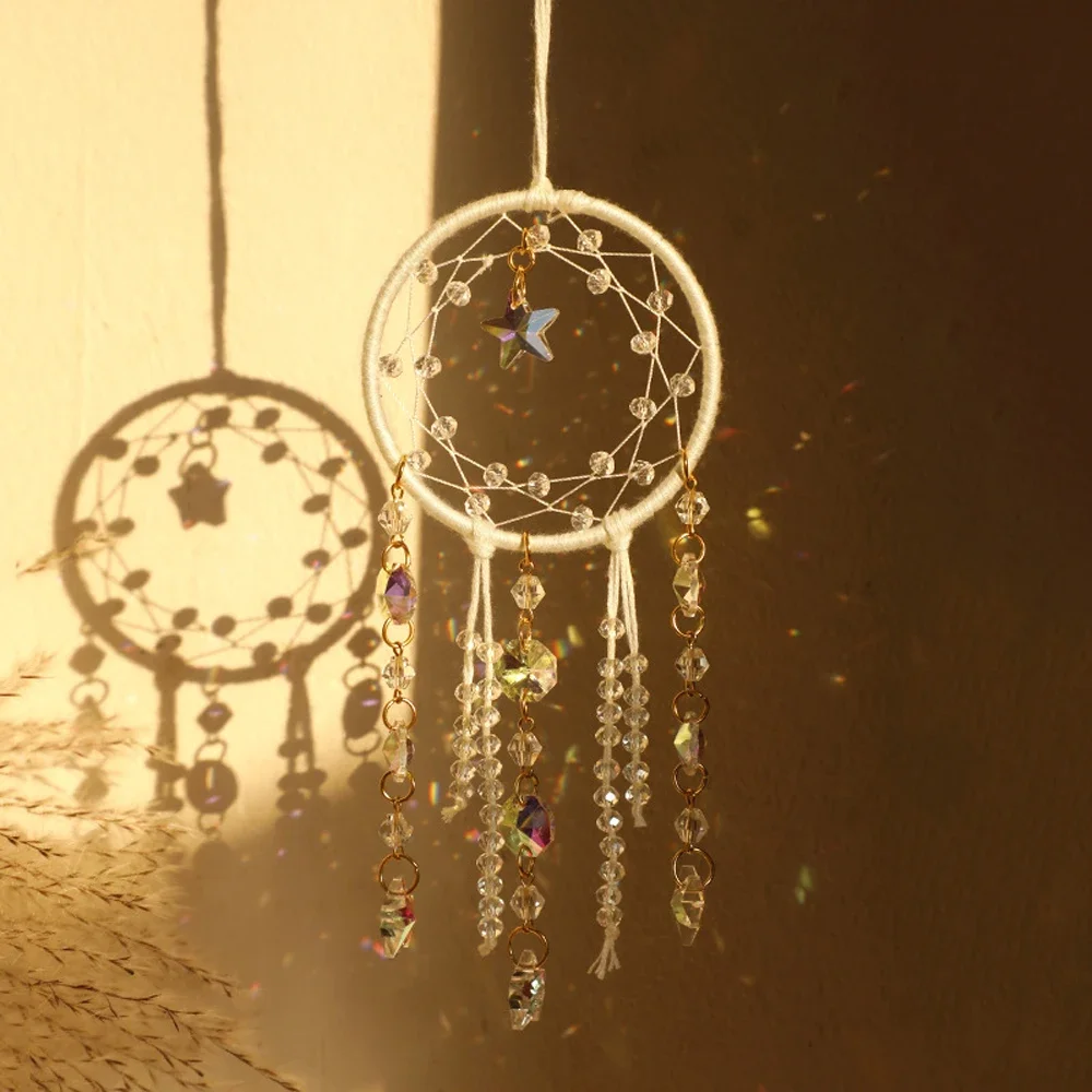 Moon RoundDream Catcher Net Natural Gravel Crystal Shiny Car Pendant Romantic Home Wall-hung Sunshine Catcher Car Gift