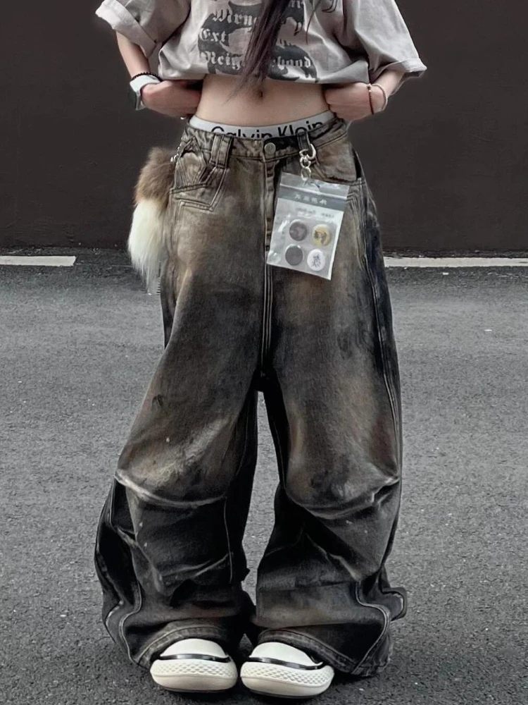 

Deeptown Grunge Aesthetic Oversize Women Jeans Distressed Y2k Harajuku Wide Leg Boyfriend Denim Pants American Style High Street