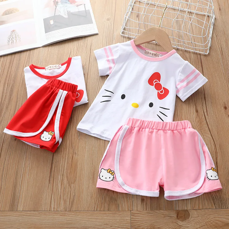 Hello Kitty New Children\'s Clothing Summer Girls Cute Cat Print Two-piece Children\'s Cotton Round Neck T-Shirt + Shorts Set