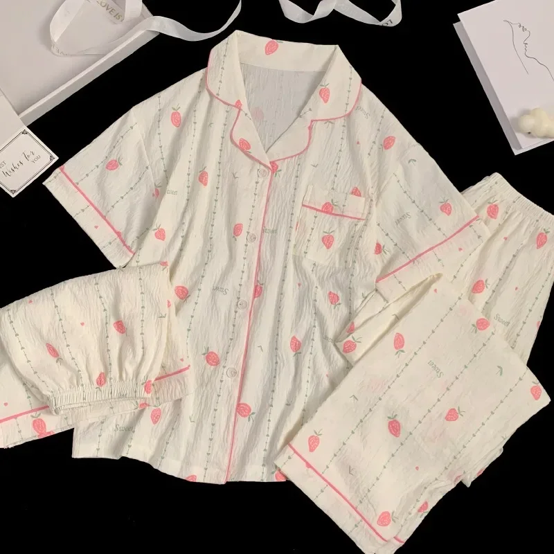 

Трехсекционные хлопковые шорты с клубничным принтом и облаком, пижамы, студенческая одежда для дома, кардиган больших размеров, брюки с короткими рукавами, милая пижама