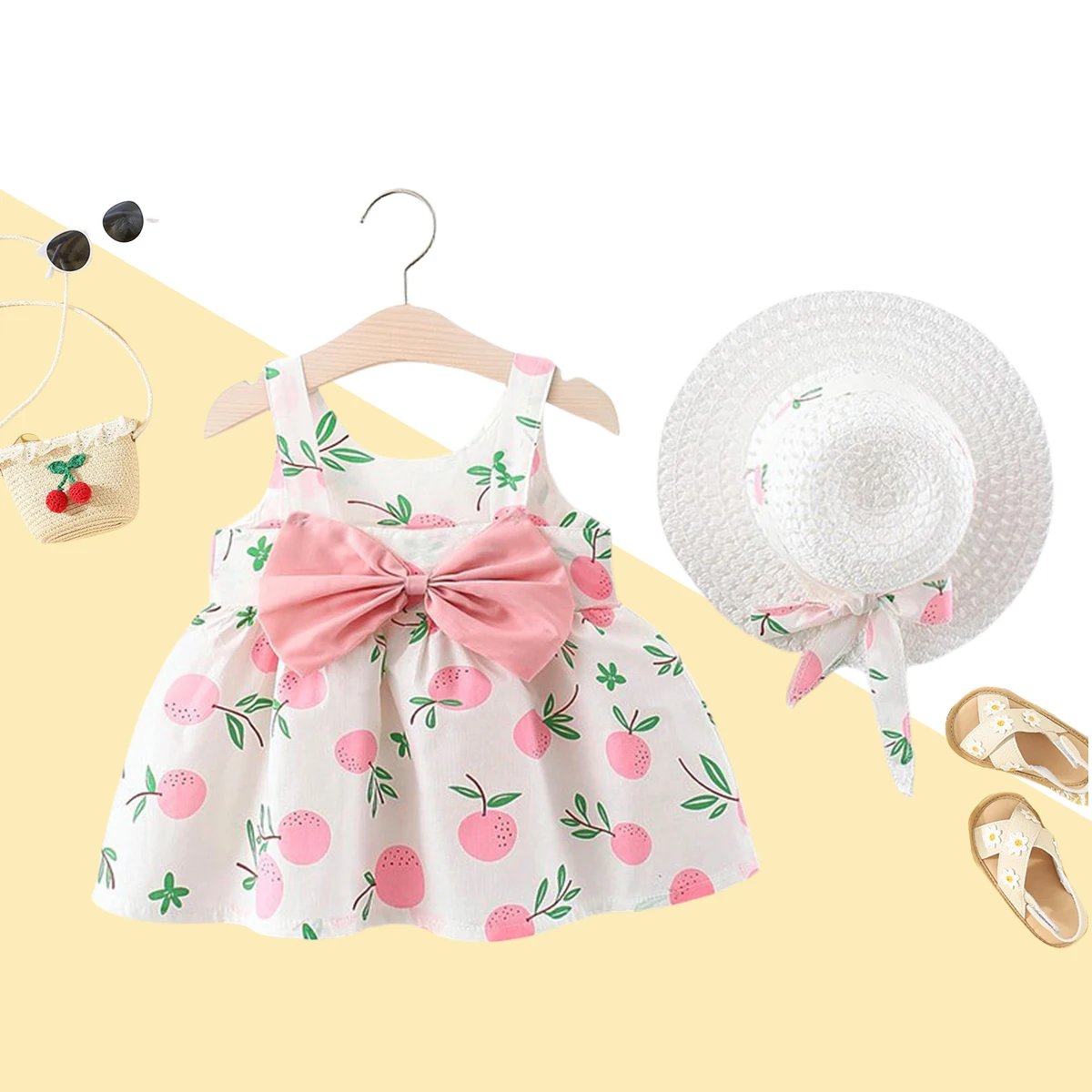 2-Piece Baby Girl Beach Dress+Woven Hat Newborn Bow Strap Summer Cotton Comfortable Children'S Clothing