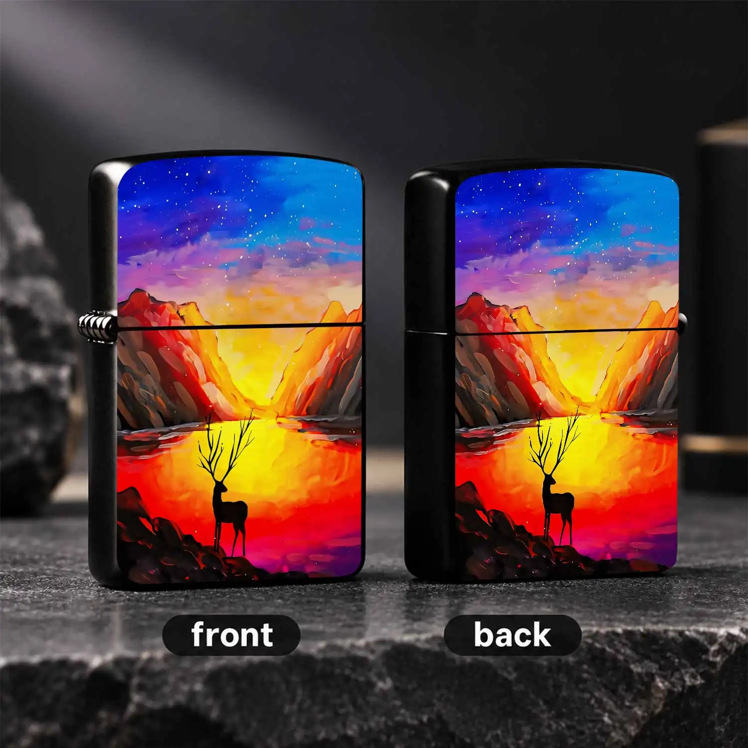 Starry Sky Elk Landscape Themed Portable Lighter, Vibrant Artistic Scenery Print Design, Sleek Lightweight Ignition Accessory For Outdoor Trips Daily Use, Thoughtful Gift Choice For Friends Family On Various Occasions A Humorous And Interes