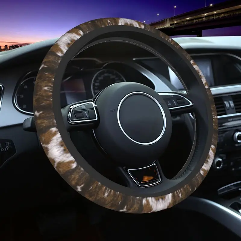 Cowhide Tan Animal Print Steering Wheel Cover Soft Animal Hide Fur Texture Steering Wheel Protector Universal Car Accessories