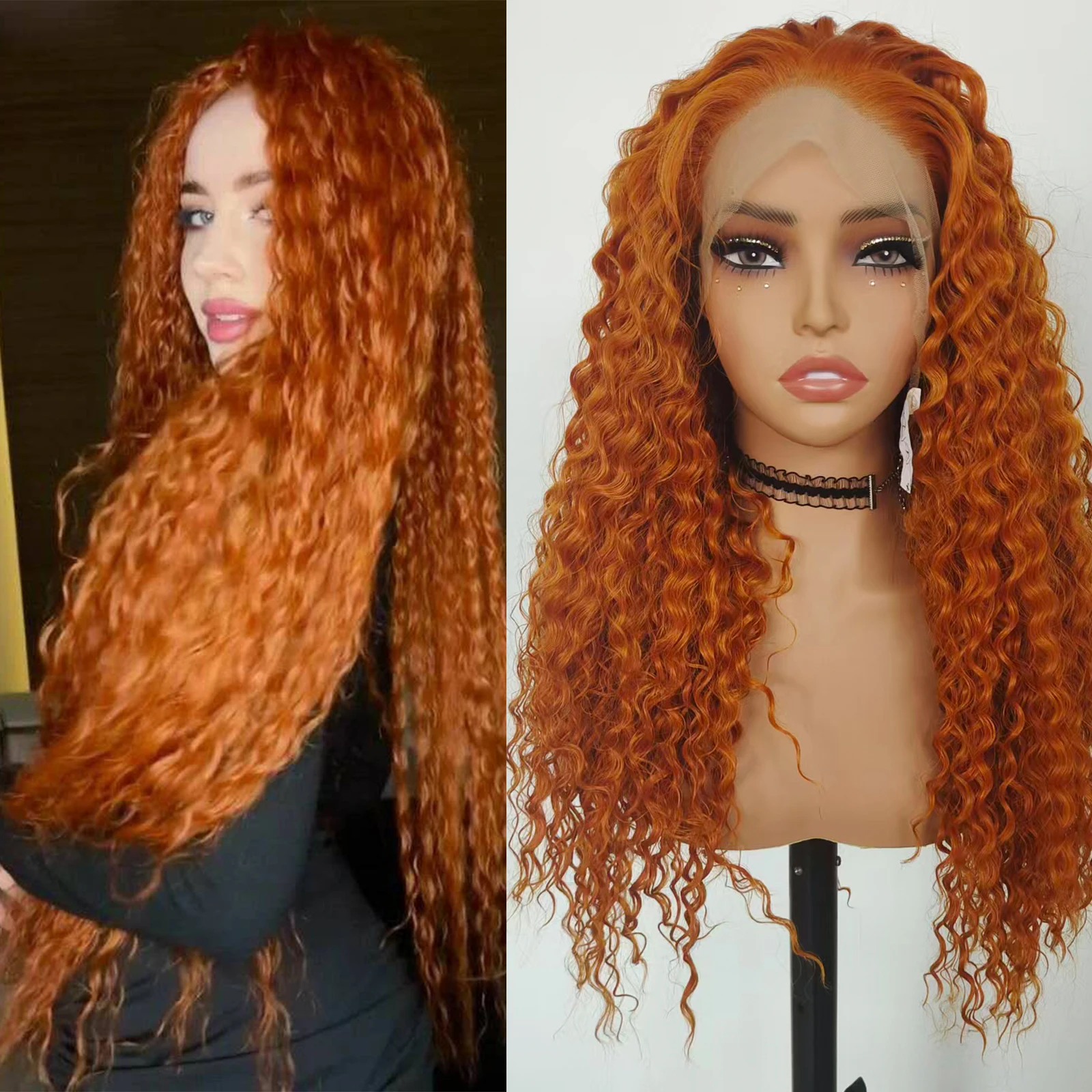 

WIF Long Curly Orange Wig Curly Natural Hairline Orange Hair Heat Resistant Fiber Synthetic Lace Front Wigs