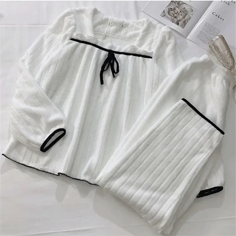 Square Collar Women Pajamas Set Winter Warm Sleepwear Fleece Velvet 2 Piece Pants Home Wear Suit Fluffy Korean Solid Night Wear