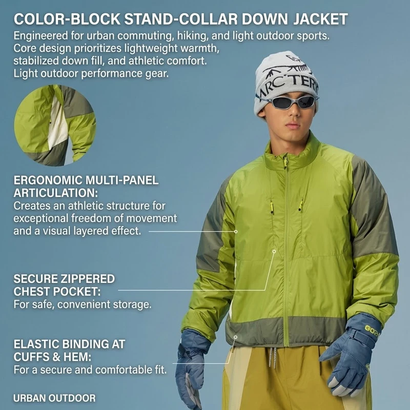 Unisex Colorblock Puffer Jacket - Lightweight Urban Outdoor Down Coat with Water-Repellent Finish for Winter Hiking & Streetwear
