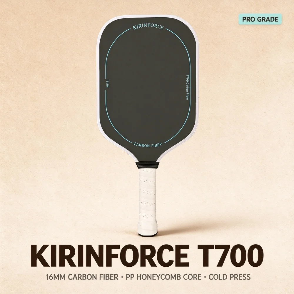 KIRINFORCE T700 Carbon Fiber Pickleball Paddle 16mm PP Honeycomb Core Cold Press Gritted Spin Surface Vented Grip Sweet Spot