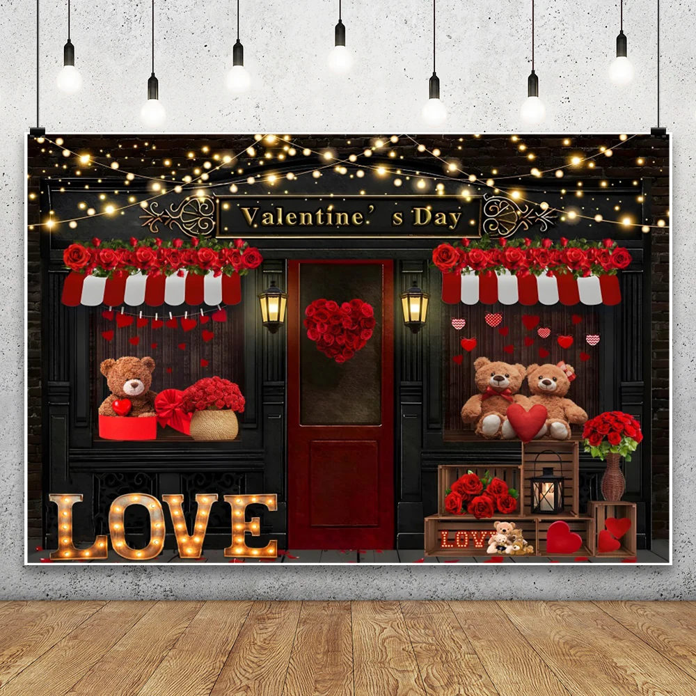 Valentine's Day Love Heart Red Rose Photography Backdrop Showcase Window Toy Bears Balloons Decor Wedding Bride Photo Background