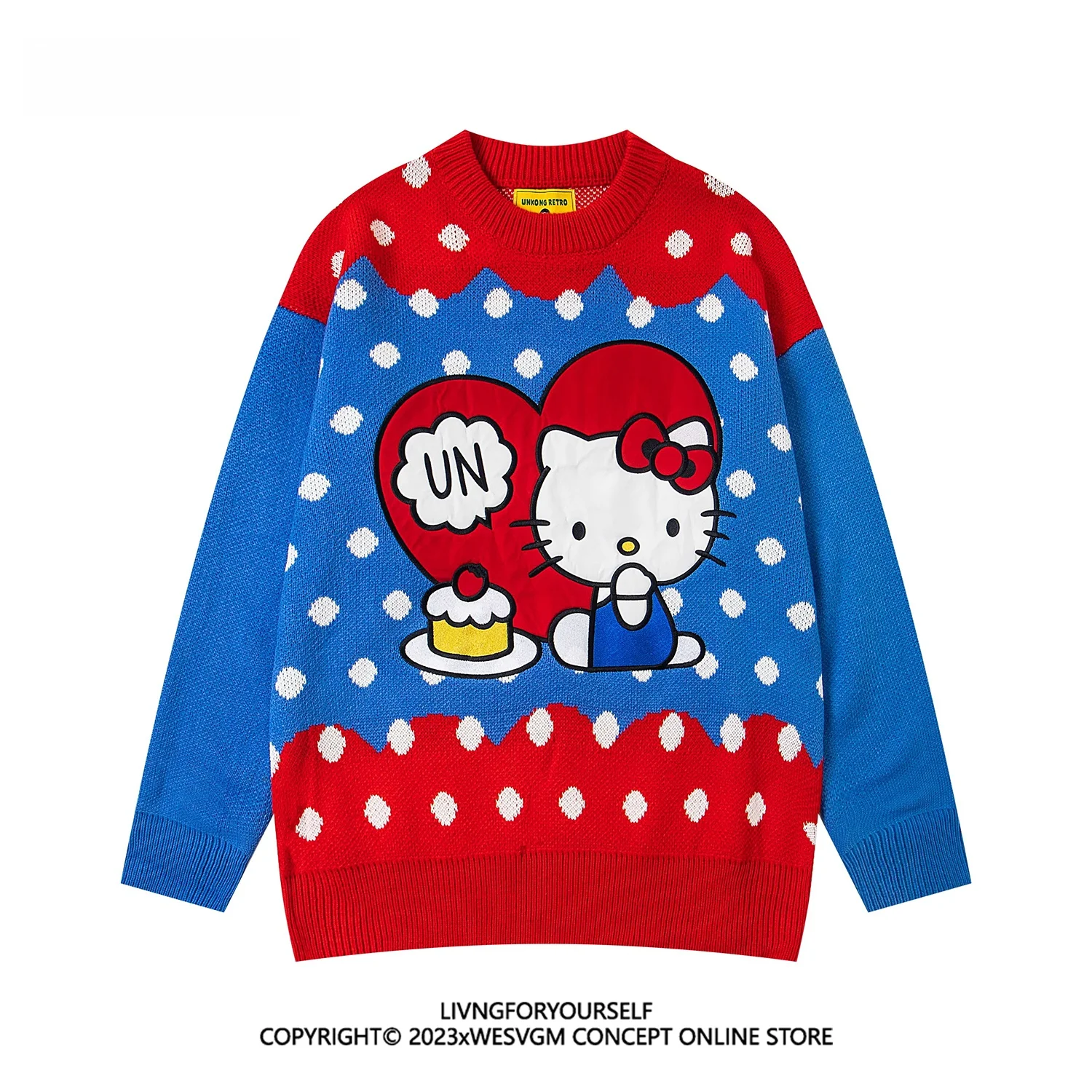 

Милый мультяшный KT вышитый цветной круглый свитер Ne свободного покроя ex Lazy Sle пара вязаный свитер модный