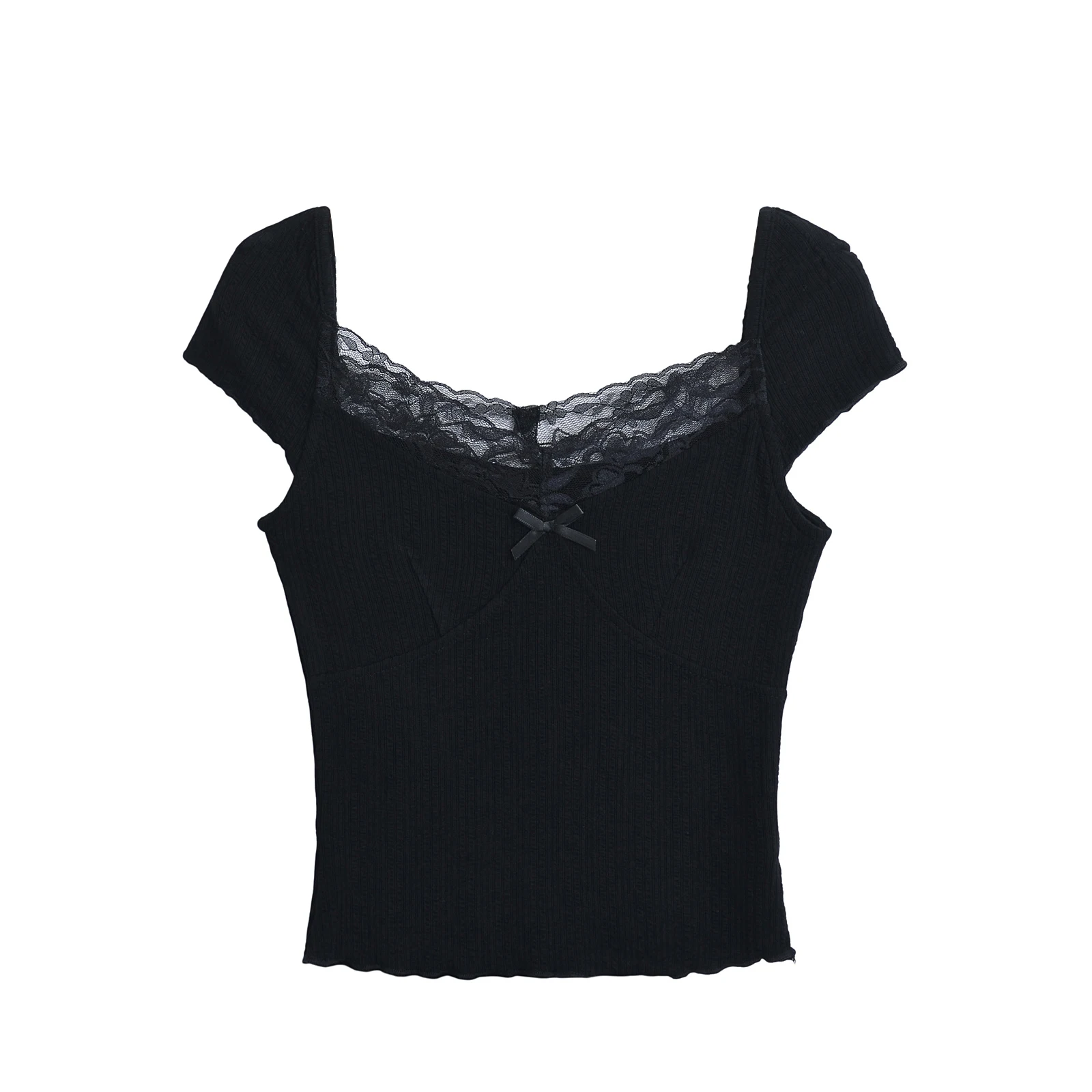 Summer clothes women 2024 sexy t shirts short sleeve black lace shirts & blouses crop top front bowknot lace top woman elegant