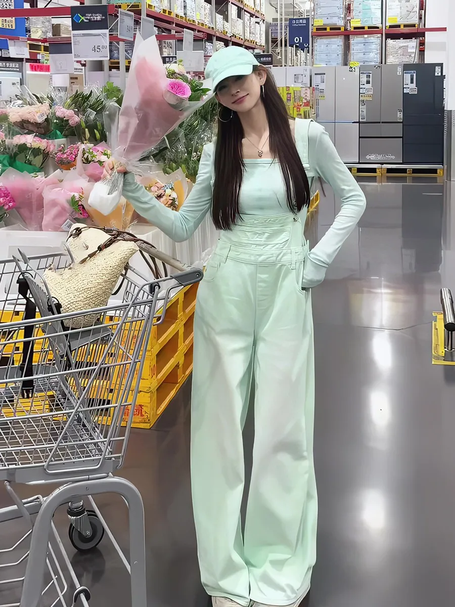 

Summer New Women's Denim Overalls Knot Long Sleeve Sun Protection T-shirt High Waist Straight Leg Jeans Overalls Fashionable