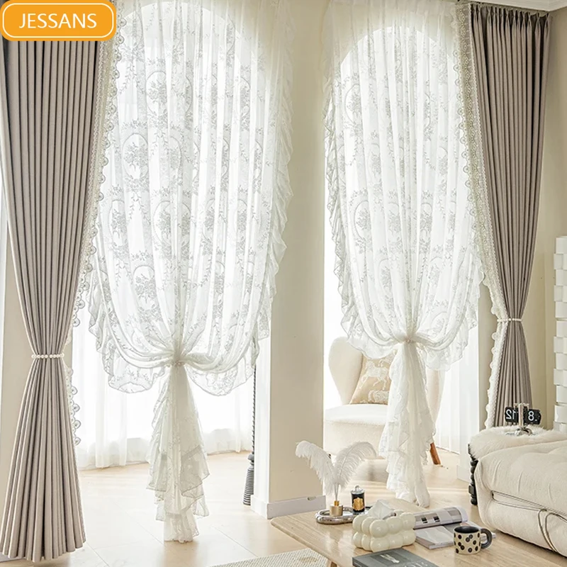 

French White Gauze Lace Window Gauze Purple Lace Splicing Thickened Curtains for Living Room Bedroom French Window Balcony