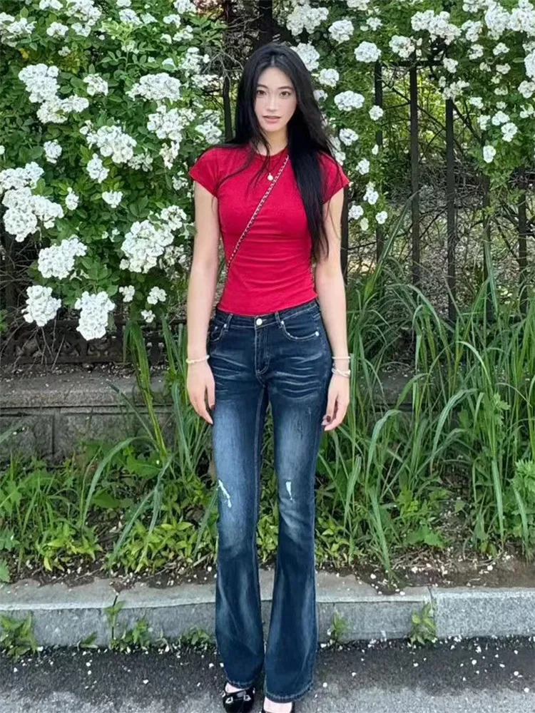 

Женские джинсы-клеш с низкой посадкой, весенне-осенние, облегающие, стрейч, с эффектом потертости, удлиненные, в американском ретро-стиле, с высокой талией