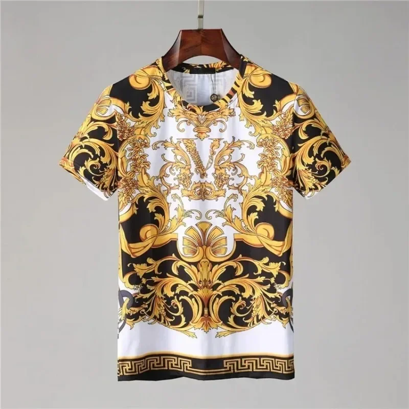 2024 New Fashion Summer Baroque T-shirt Print 3D Floral T Shirt for Women Vintage Luxury Brand Royal Golden Flower Camisetas