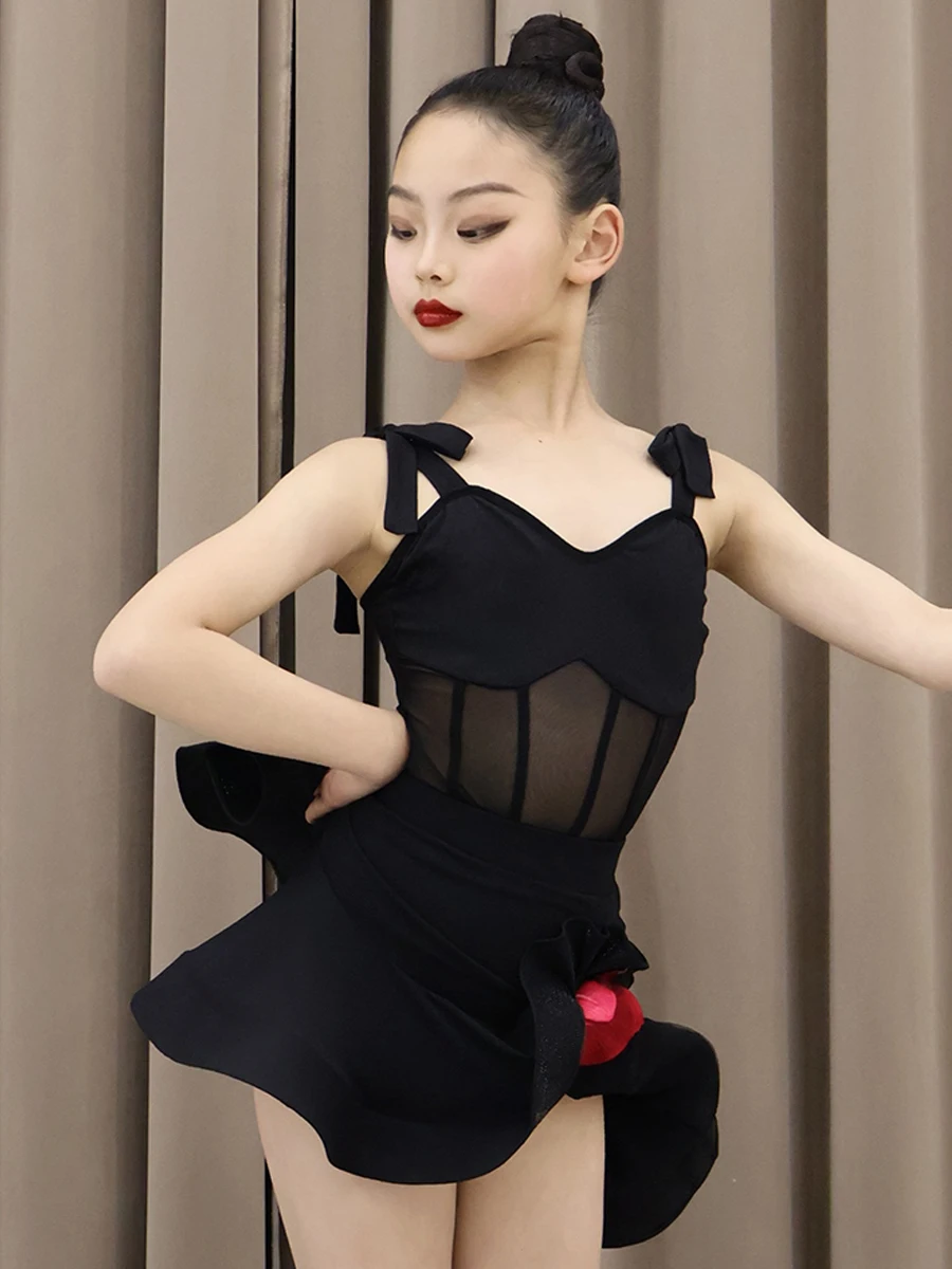 Girls Latin Dance Clothes Mesh Black Sleeves Tops Skirt Suit Kids Cha Cha Rumba Samba Dance Training Practice Clothing